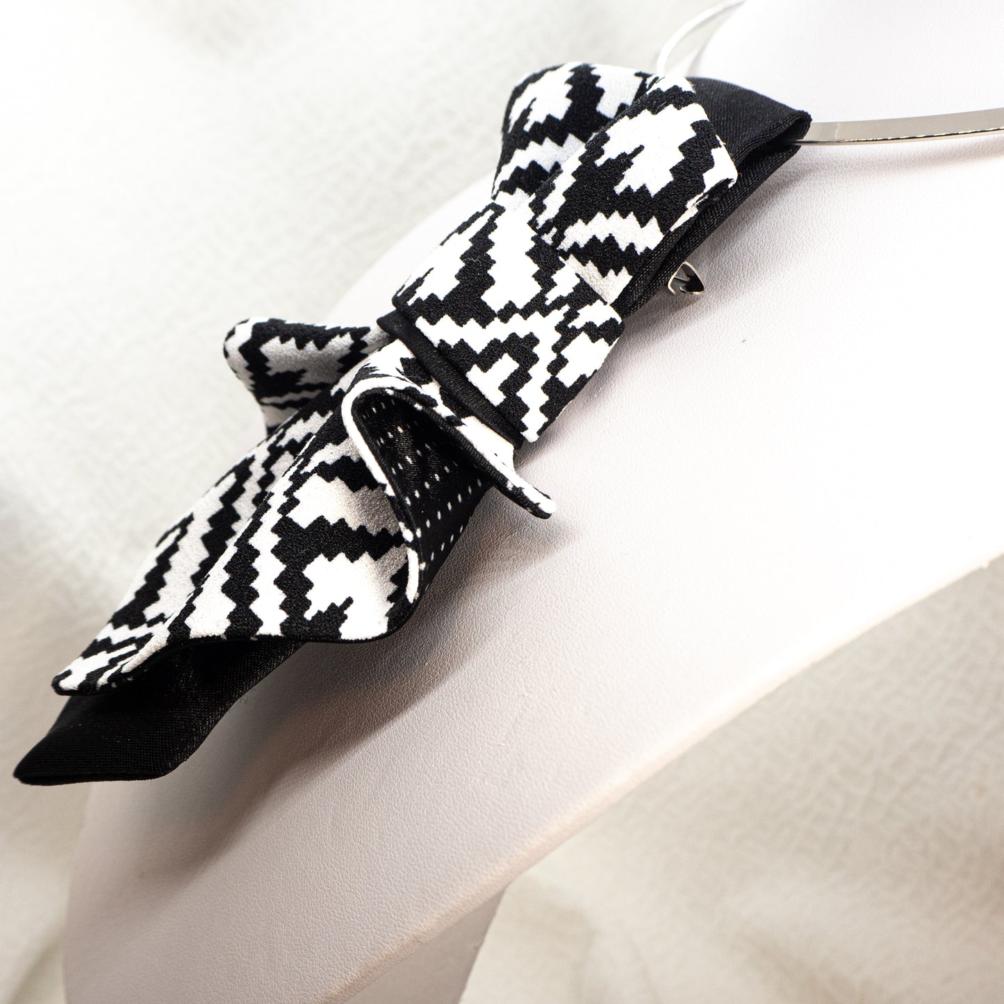 LADIES BOW TIE, Necktie for women, black and white tie for lady side view lack and white patterned fabric necklace, geometric design necktie, textile statement jewelry, modern neck accessory, unique fabric neckwear, monochrome patterned tie, fashion fabric necklace, handmade textile jewelry, bold geometric neckpiece, graphic pattern neck accessory, contemporary fabric design