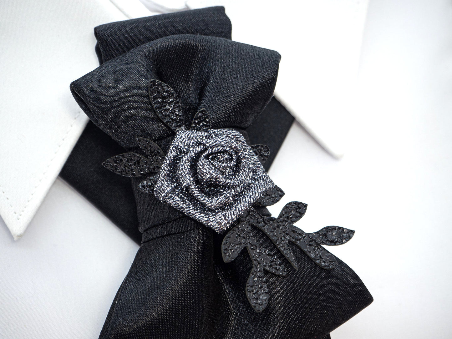 BLACk HOPPER TIE for women, Black bow tie with rose for women, Necktie for her, Black Necktie for lady