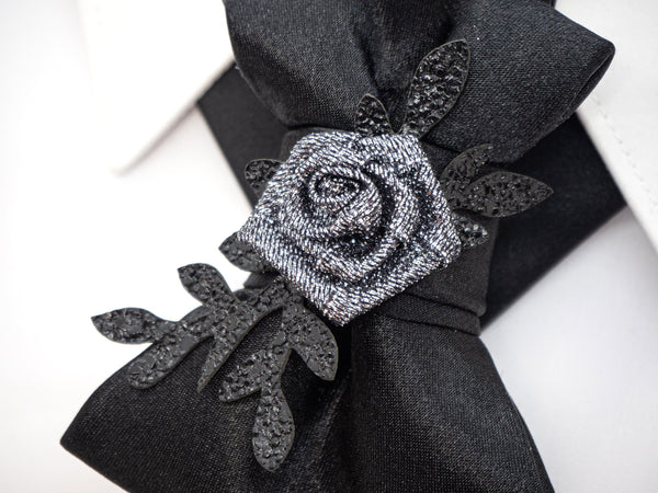 BLACk HOPPER TIE for women, Black bow tie with rose for women, Necktie for her, Black Necktie for lady