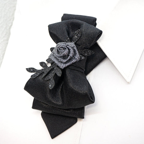 BLACk HOPPER TIE for women, Black bow tie with rose for women, Necktie for her, Black Necktie for lady