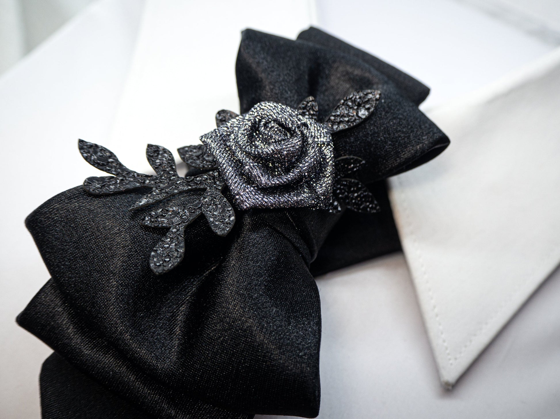 BLACk HOPPER TIE for women, Black bow tie with rose for women, Necktie for her, Black Necktie for lady