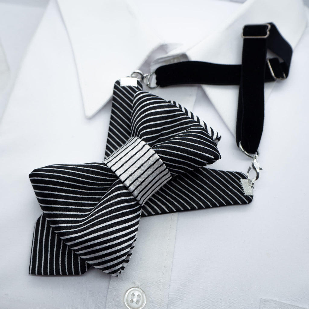 Bow tie with black and white strips, Elegant necktie, Hopper tie black and white