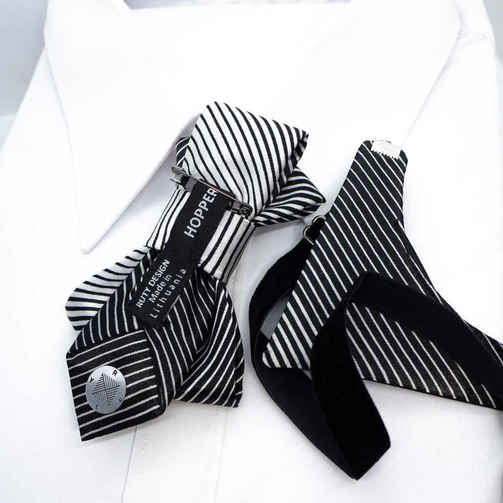 Bow tie with black and white strips, Elegant necktie, Hopper tie black and white