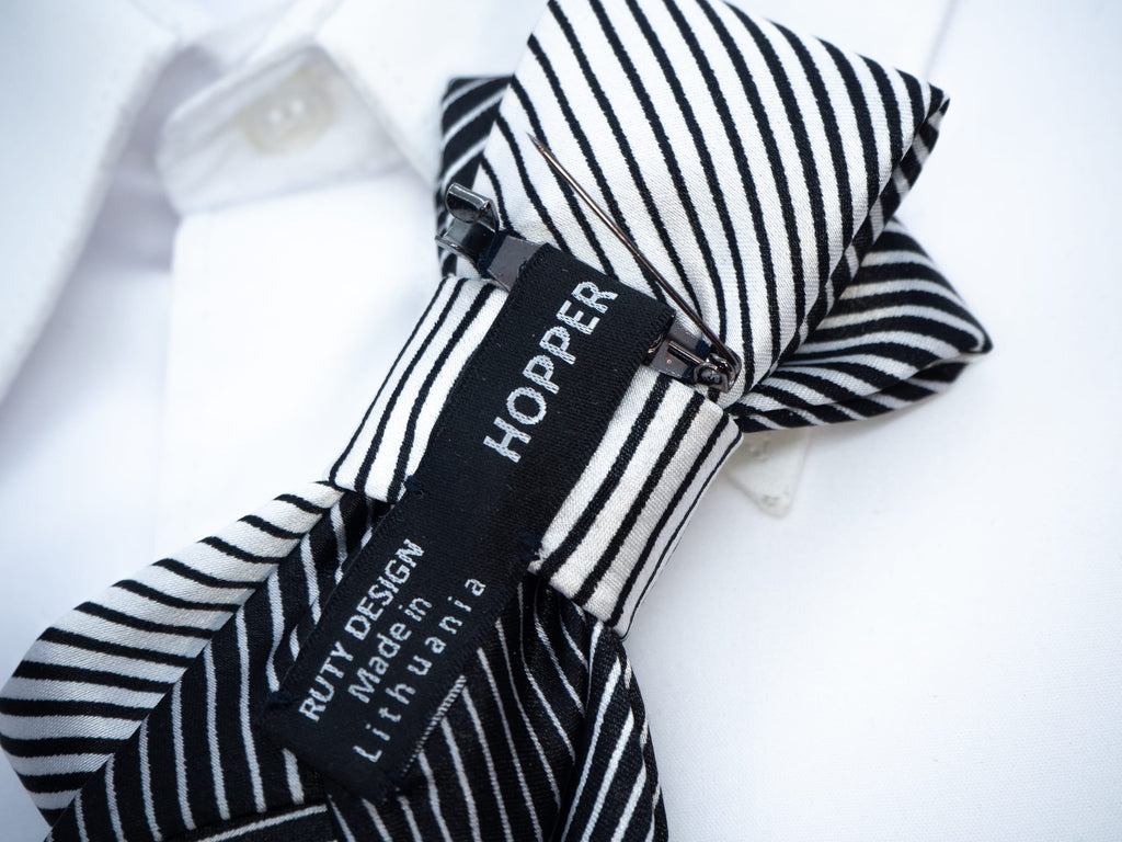 Bow tie with black and white strips, Elegant necktie, Hopper tie black and white, Hopper tie made in lithuania