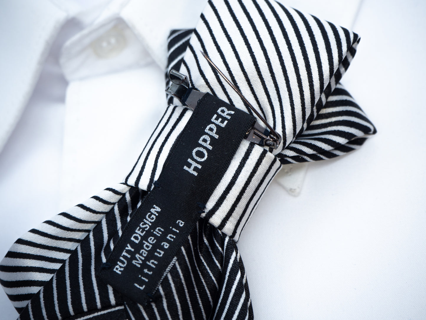 Bow tie with black and white strips, Elegant necktie, Hopper tie black and white, Hopper tie made in lithuania
