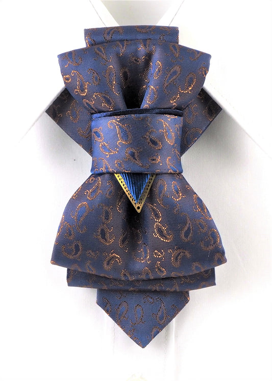 HOPPER BOW TIE MIST I, Wedding bow tie for men Handmade luxury wedding bow tie in navy blue with gold paisley pattern, featuring an original multi-layered pointed design and metallic gold filigree triangle detail, crafted in Lithuania.