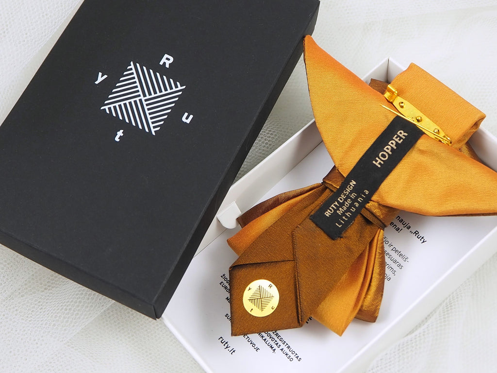 A unique vertical women's bow tie in mustard yellow
