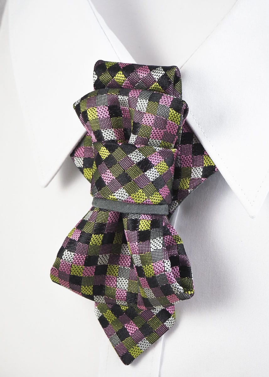 Bow tie, tie for wedding suit, PEBBLES III hopper tie, artistic necktie, designer bow tie, colorful checkered tie, unisex statement tie, handmade wedding tie, geometric satin tie, creative neckwear for men, unique tie for women, formal tie with pattern, bold fashion accessory, modern ascot alternative, handmade tie with pink green black colors