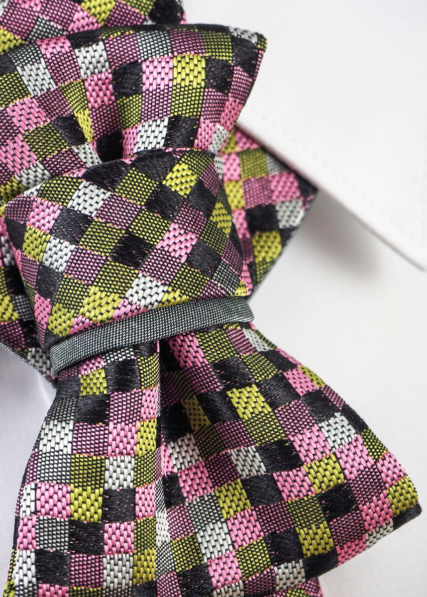 Bow tie, tie for wedding suit, PEBBLES III hopper tie, artistic necktie, designer bow tie, colorful checkered tie, unisex statement tie, handmade wedding tie, geometric satin tie, creative neckwear for men, unique tie for women, formal tie with pattern, bold fashion accessory, modern ascot alternative, handmade tie with pink green black colors