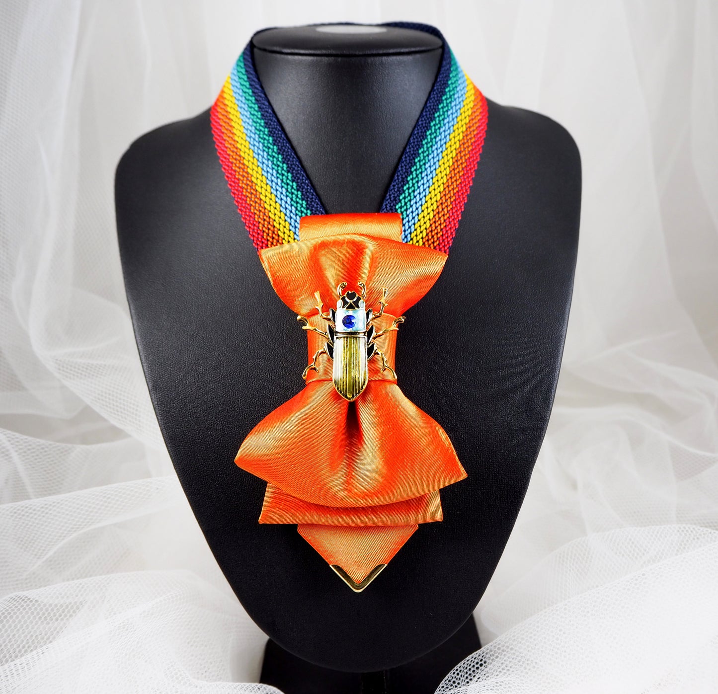 Hopper tie, Orange bow tie, Yellow bow tie, Summer neck accessory, Unique bow tie, Designer neckwear, Artistic bow tie, Unisex necktie, Statement tie, Gold insect bow tie, Pendant bow tie, Versatile bow tie, Fashion bow tie, RutyDesign tie, Orange dream tie, Lithuanian design tie, One of a kind tie, Handmade bow tie, Modern bow tie, Bold color tie, Elegant unisex accessory, Adjustable hoop tie, Orange fashion accessory LADIES HOPPER TIE ORANGE DREAM  FOR LADIES