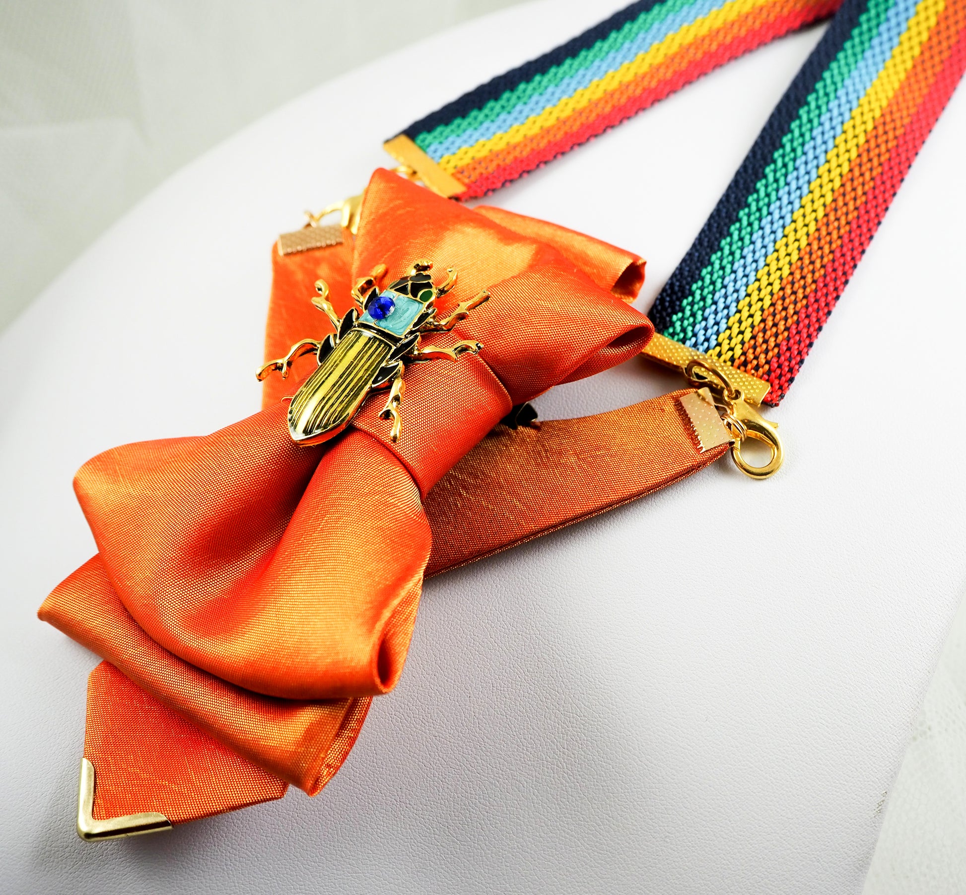 Hopper tie, Orange bow tie, Yellow bow tie, Summer neck accessory, Unique bow tie, Designer neckwear, Artistic bow tie, Unisex necktie, Statement tie, Gold insect bow tie, Pendant bow tie, Versatile bow tie, Fashion bow tie, RutyDesign tie, Orange dream tie, Lithuanian design tie, One of a kind tie, Handmade bow tie, Modern bow tie, Bold color tie, Elegant unisex accessory, Adjustable hoop tie, Orange fashion accessory LADIES HOPPER TIE ORANGE DREAM  FOR LADIES