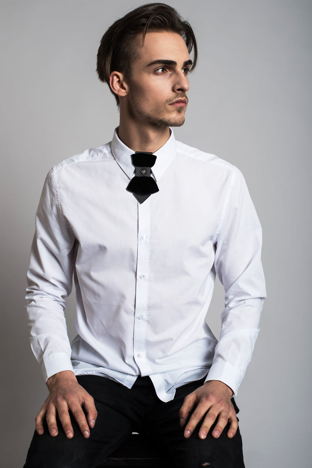 HOPPER TIE POMPEA, Wedding bow tie, Unigue black tie for groom, Handmade luxury necktie, original hopper tie design, unique unisex neck accessory, elegant black velvet bow tie style, striped fabric with silver stud accent, modern artistic fashion piece, Rūta Piekurienė design, stylish statement tie, perfect for weddings, musicians, grooms, formal or casual wear, creative Lithuanian handmade accessory.