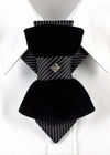 HOPPER TIE POMPEA, Wedding bow tie, Unigue black tie for groom, Handmade luxury necktie, original hopper tie design, unique unisex neck accessory, elegant black velvet bow tie style, striped fabric with silver stud accent, modern artistic fashion piece, Rūta Piekurienė design, stylish statement tie, perfect for weddings, musicians, grooms, formal or casual wear, creative Lithuanian handmade accessory.