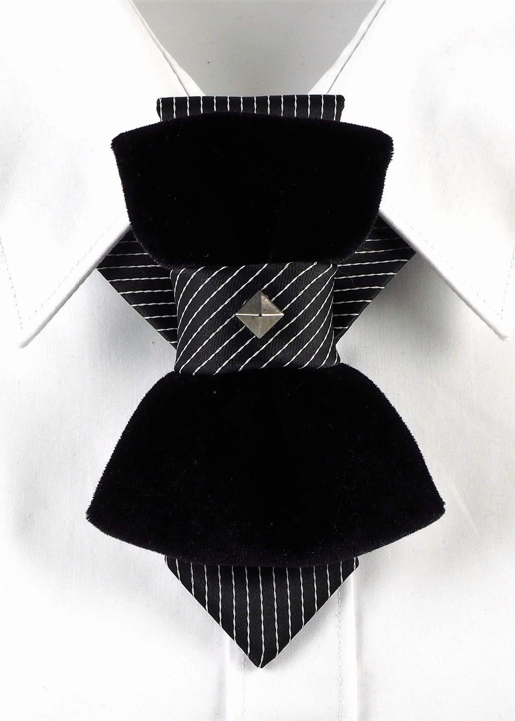HOPPER TIE POMPEA, Wedding bow tie, Unigue black tie for groom, Handmade luxury necktie, original hopper tie design, unique unisex neck accessory, elegant black velvet bow tie style, striped fabric with silver stud accent, modern artistic fashion piece, Rūta Piekurienė design, stylish statement tie, perfect for weddings, musicians, grooms, formal or casual wear, creative Lithuanian handmade accessory.