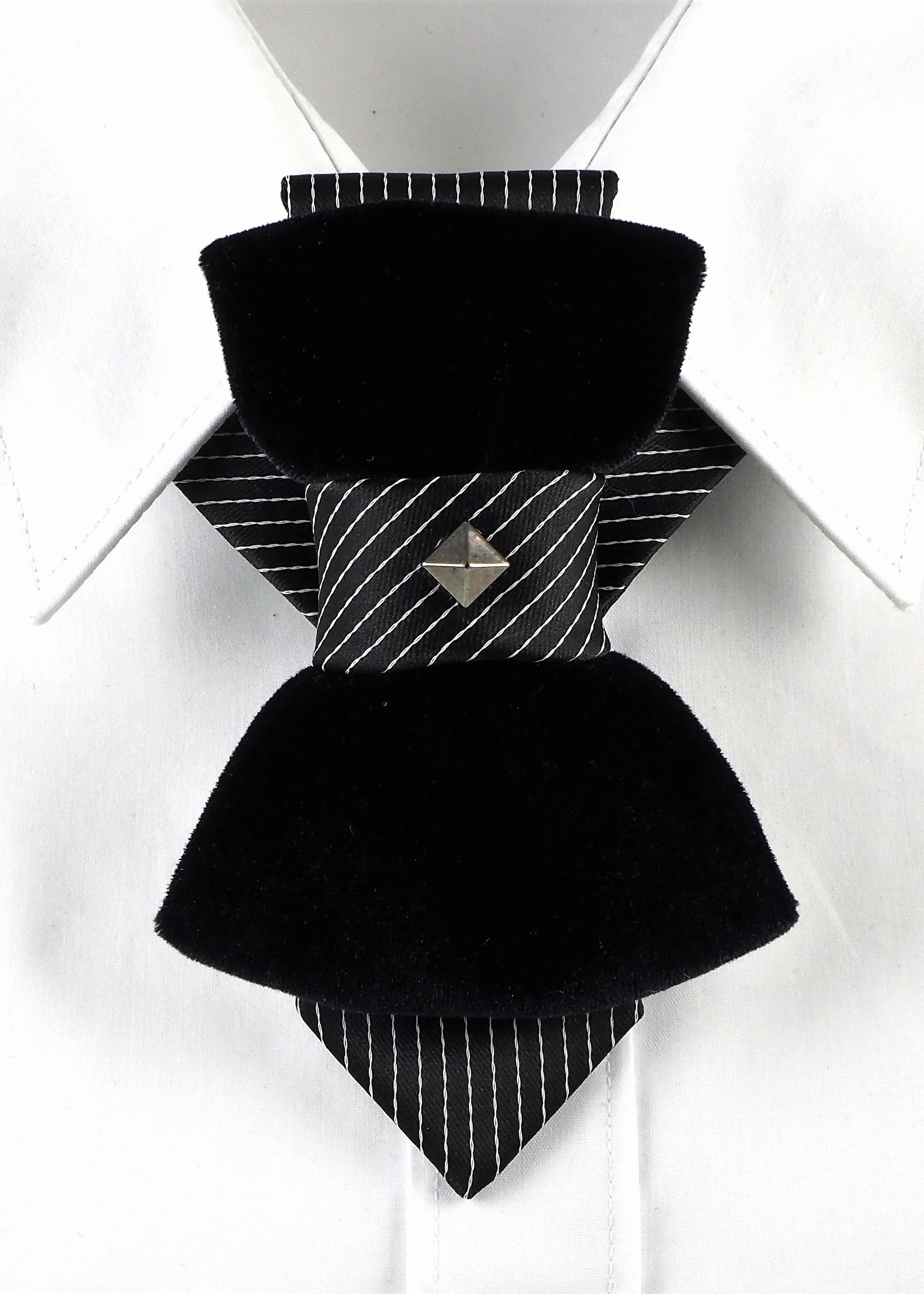 HOPPER TIE POMPEA, Wedding bow tie, Unigue black tie for groom, Handmade luxury necktie, original hopper tie design, unique unisex neck accessory, elegant black velvet bow tie style, striped fabric with silver stud accent, modern artistic fashion piece, Rūta Piekurienė design, stylish statement tie, perfect for weddings, musicians, grooms, formal or casual wear, creative Lithuanian handmade accessory.