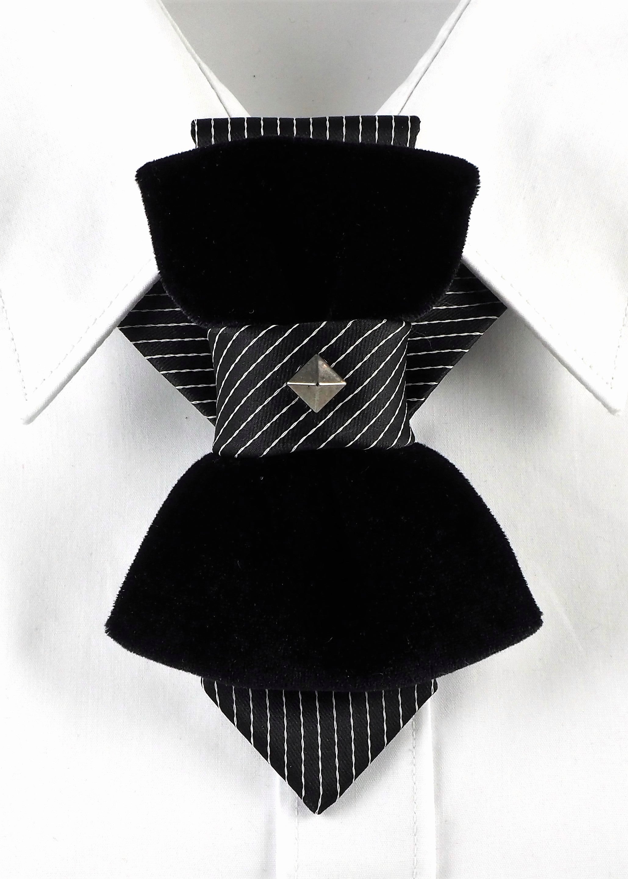 HOPPER TIE POMPEA, Wedding bow tie, Unigue black tie for groom, Handmade luxury necktie, original hopper tie design, unique unisex neck accessory, elegant black velvet bow tie style, striped fabric with silver stud accent, modern artistic fashion piece, Rūta Piekurienė design, stylish statement tie, perfect for weddings, musicians, grooms, formal or casual wear, creative Lithuanian handmade accessory.