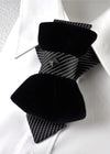 HOPPER TIE POMPEA, Wedding bow tie, Unigue black tie for groom, Handmade luxury necktie, original hopper tie design, unique unisex neck accessory, elegant black velvet bow tie style, striped fabric with silver stud accent, modern artistic fashion piece, Rūta Piekurienė design, stylish statement tie, perfect for weddings, musicians, grooms, formal or casual wear, creative Lithuanian handmade accessory.