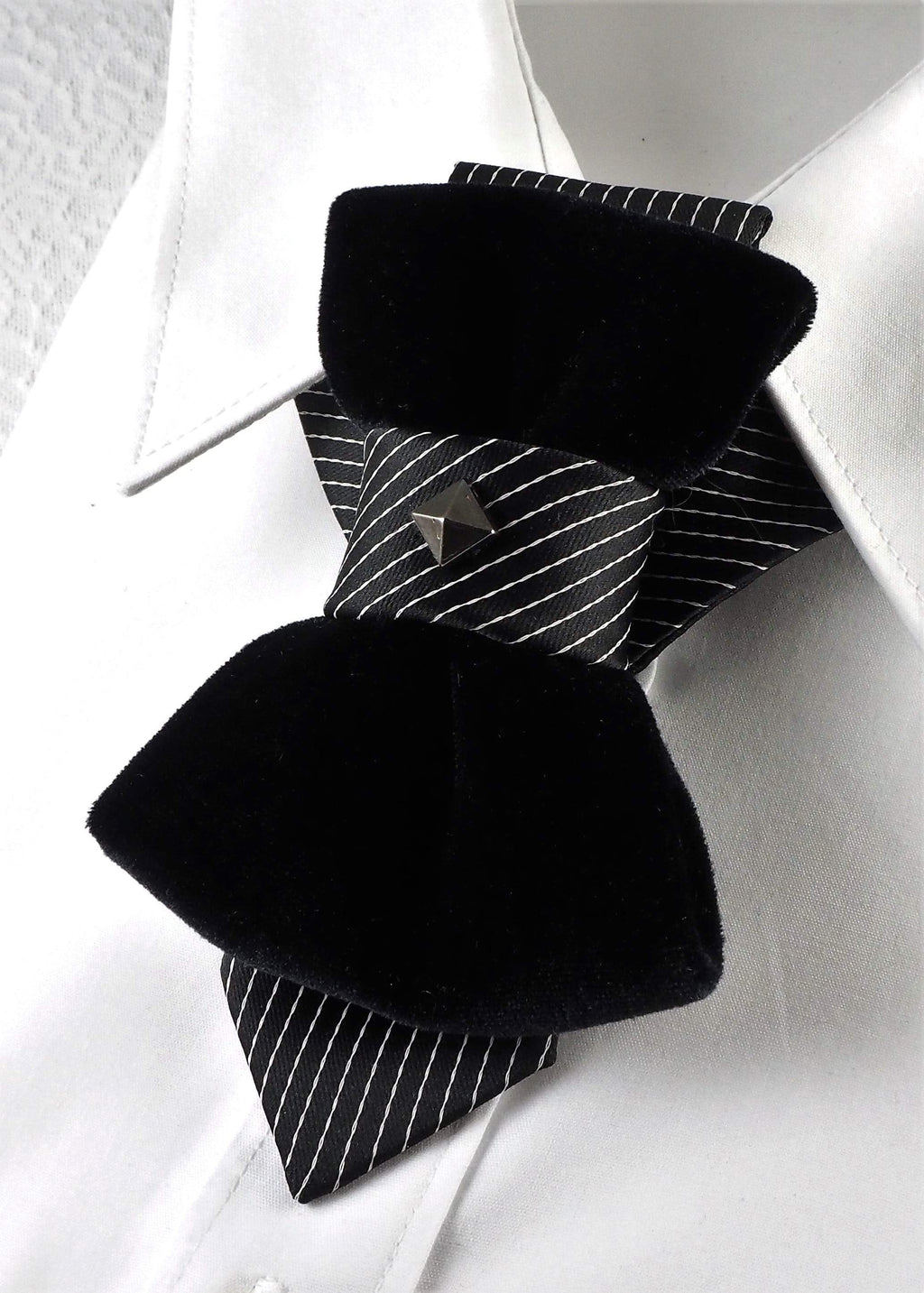 HOPPER TIE POMPEA, Wedding bow tie, Unigue black tie for groom, Handmade luxury necktie, original hopper tie design, unique unisex neck accessory, elegant black velvet bow tie style, striped fabric with silver stud accent, modern artistic fashion piece, Rūta Piekurienė design, stylish statement tie, perfect for weddings, musicians, grooms, formal or casual wear, creative Lithuanian handmade accessory.