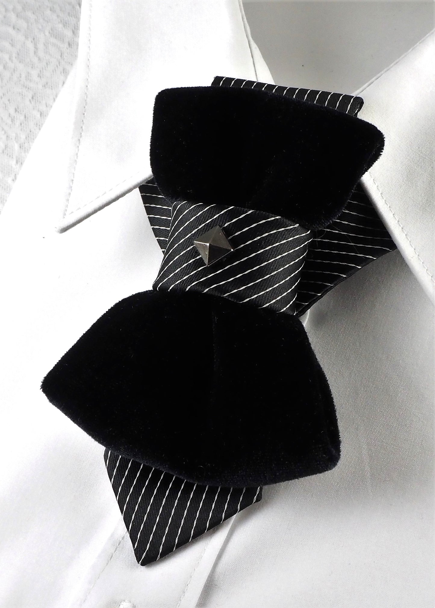 HOPPER TIE POMPEA, Wedding bow tie, Unigue black tie for groom, Handmade luxury necktie, original hopper tie design, unique unisex neck accessory, elegant black velvet bow tie style, striped fabric with silver stud accent, modern artistic fashion piece, Rūta Piekurienė design, stylish statement tie, perfect for weddings, musicians, grooms, formal or casual wear, creative Lithuanian handmade accessory.