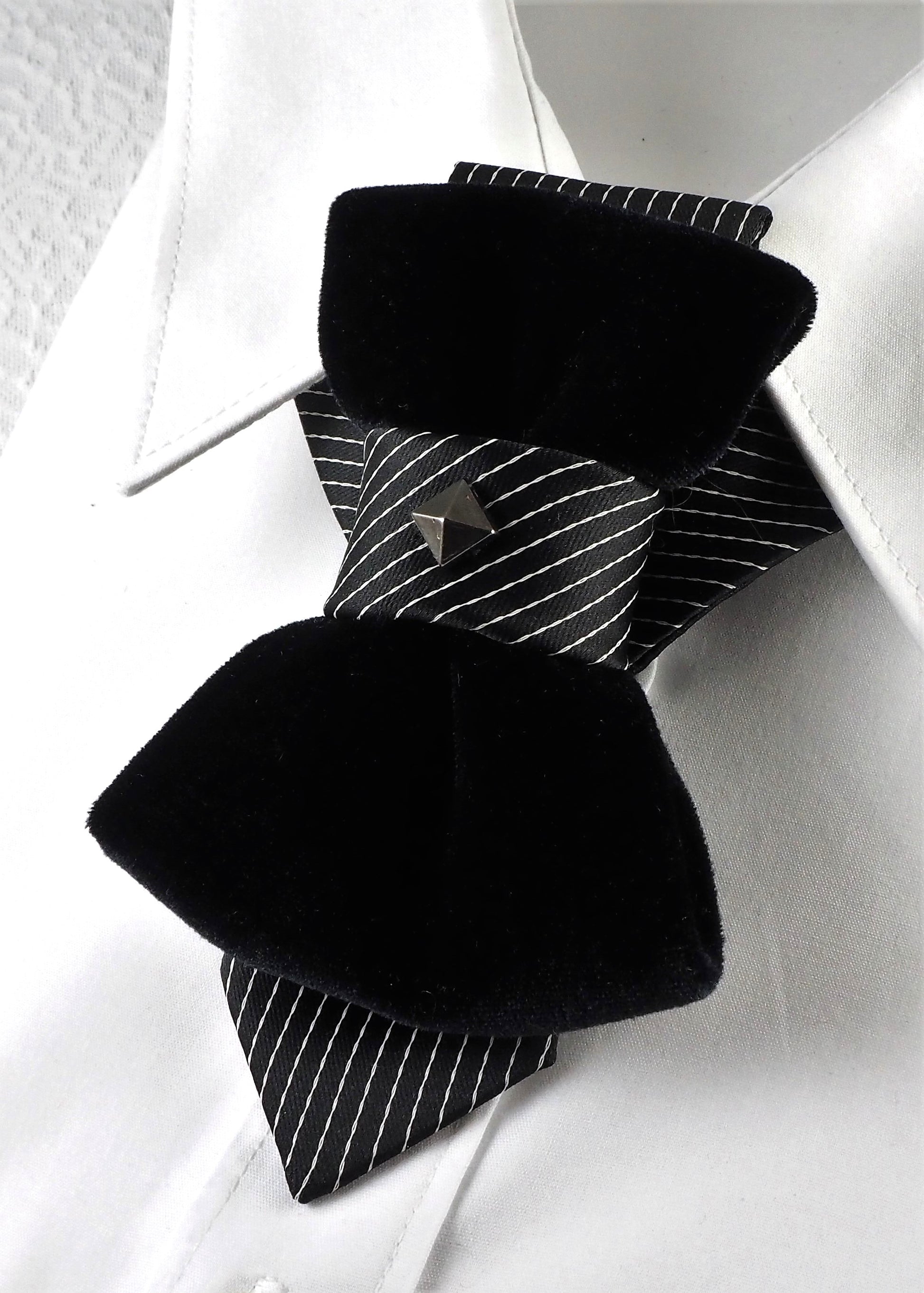 HOPPER TIE POMPEA, Wedding bow tie, Unigue black tie for groom, Handmade luxury necktie, original hopper tie design, unique unisex neck accessory, elegant black velvet bow tie style, striped fabric with silver stud accent, modern artistic fashion piece, Rūta Piekurienė design, stylish statement tie, perfect for weddings, musicians, grooms, formal or casual wear, creative Lithuanian handmade accessory.