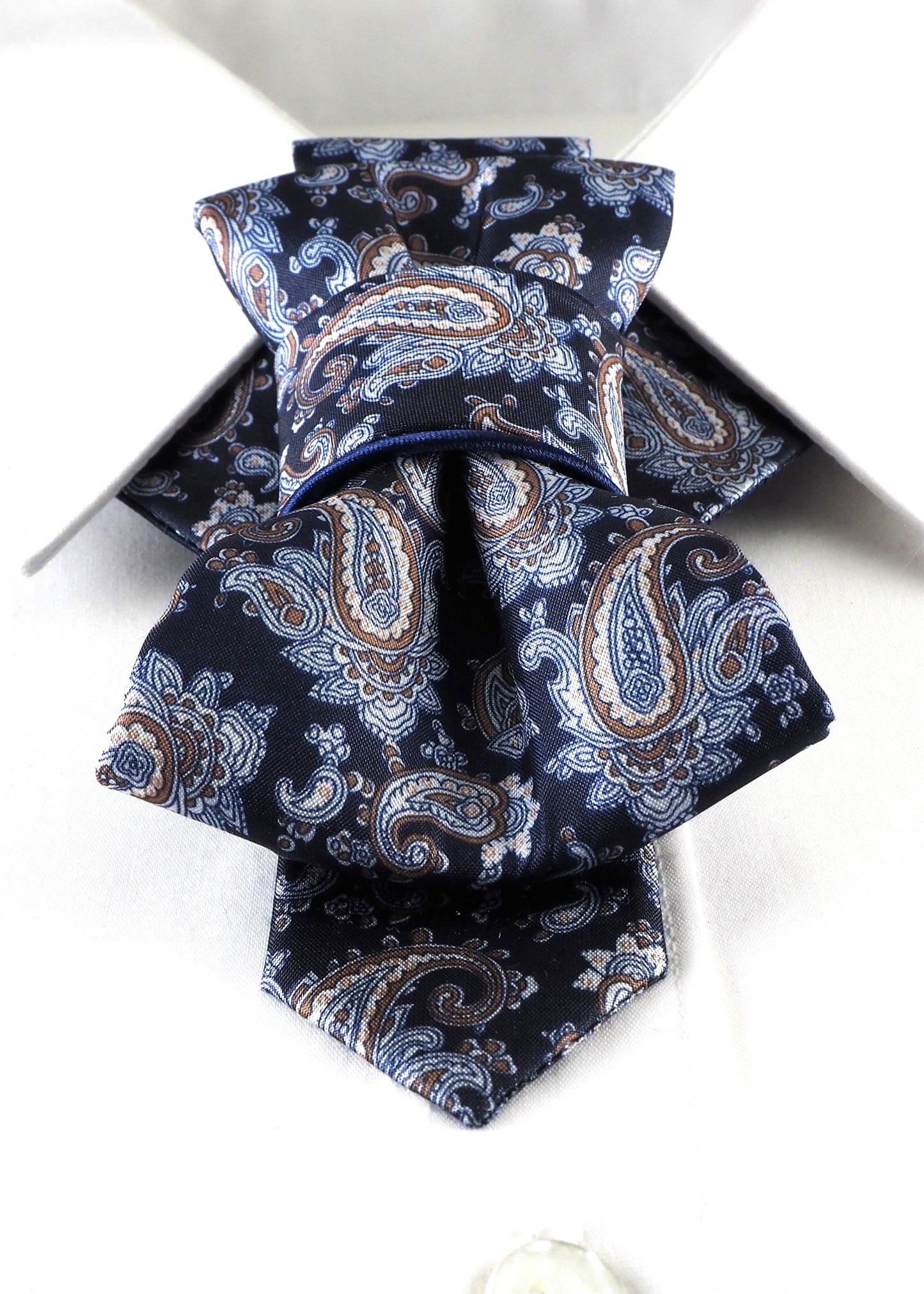 handmade luxury wedding necktie, vertical bow tie, paisley pattern tie, navy blue tie, beige blue paisley tie, groom accessory, unique mens tie, formal event tie, elegant neckwear, satin bow tie, modern classic tie, handmade bow tie, groomsmen gift, luxury tie for wedding, patterned vertical bow, navy paisley necktie, sophisticated menswear, unique wedding tie, stylish bow tie, formal mens accessory, refined tie for groom HOPPER TIE ORIENTAL TALE II