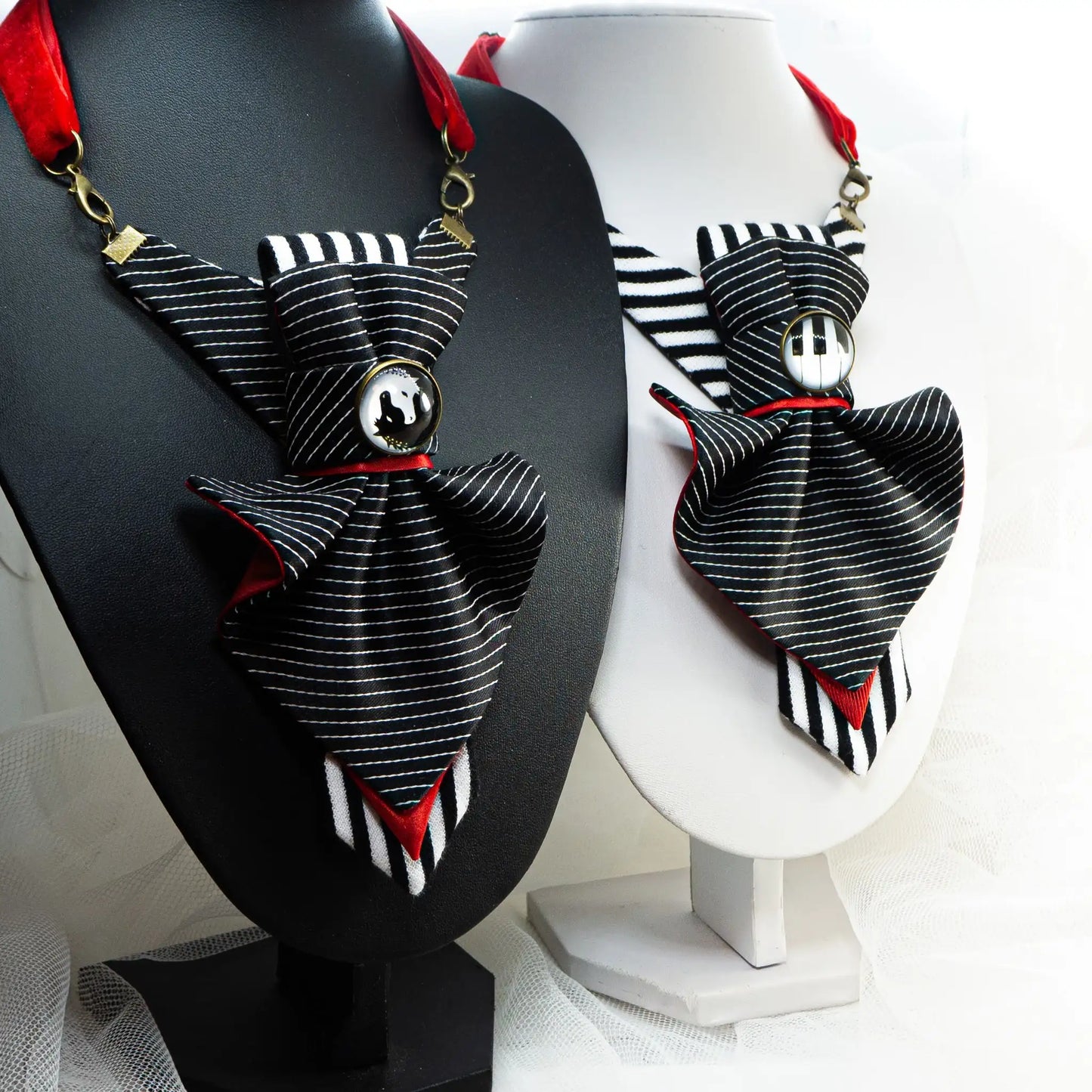 Women's bow tie with badge, Handmade black white red bow tie, Women's bow tie "Contrasts", Black tie for her, Gift for women bneck accessorie, Unique necktie for lady 