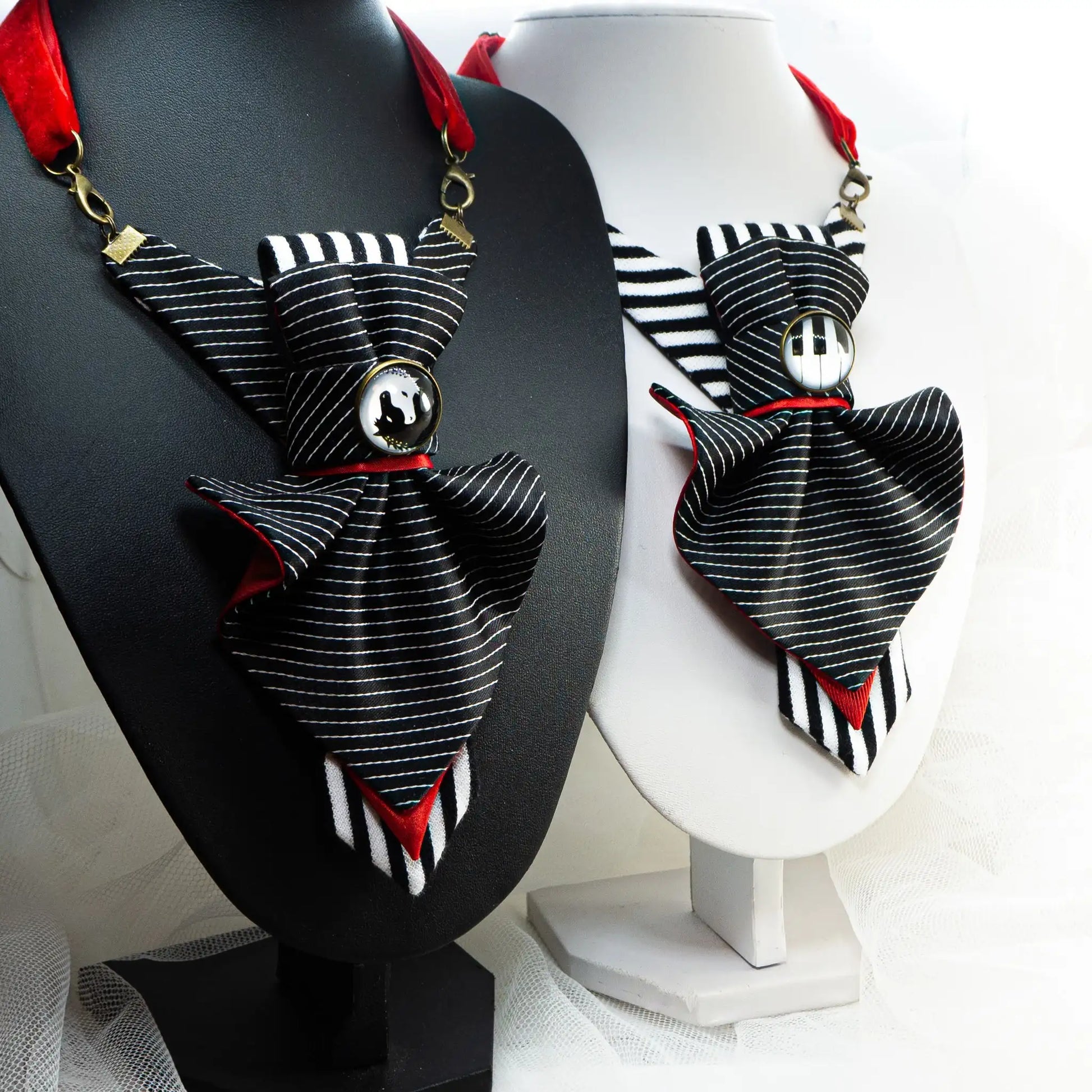 Women's bow tie with badge, Handmade black white red bow tie, Women's bow tie "Contrasts", Black tie for her, Gift for women bneck accessorie, Unique necktie for lady 