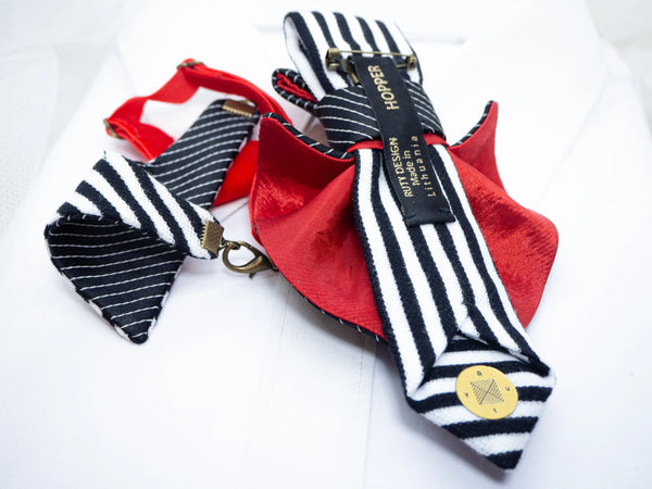 Handmade black white red bow tie