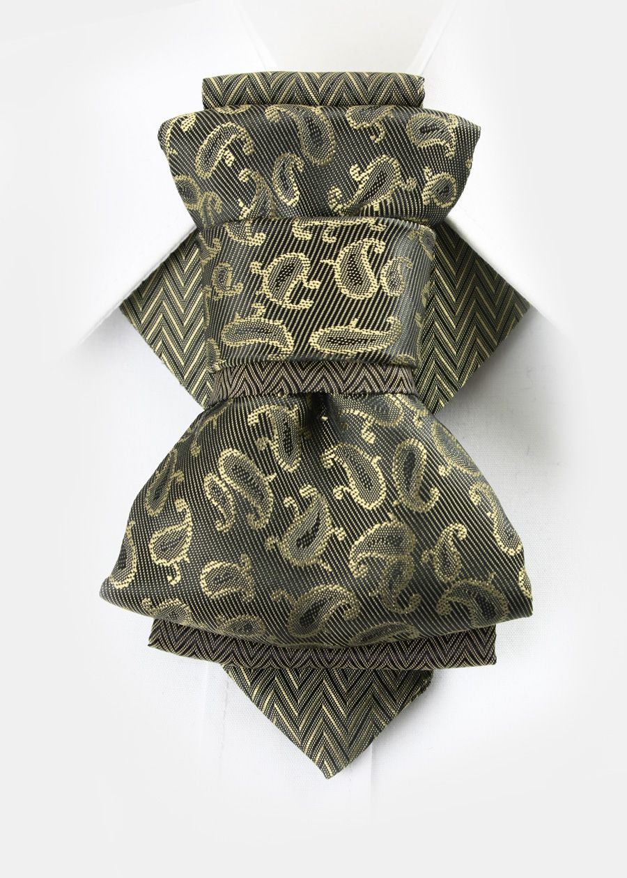 Bow Tie, Tie for wedding suite SAFARI hopper tie Bow tie 
A black and gold silk ascot tie with a detailed paisley pattern, worn with a classic white dress shirt. The tie features a chevron stripe texture, creating a sophisticated and formal look. It's a handmade luxury wedding accessory